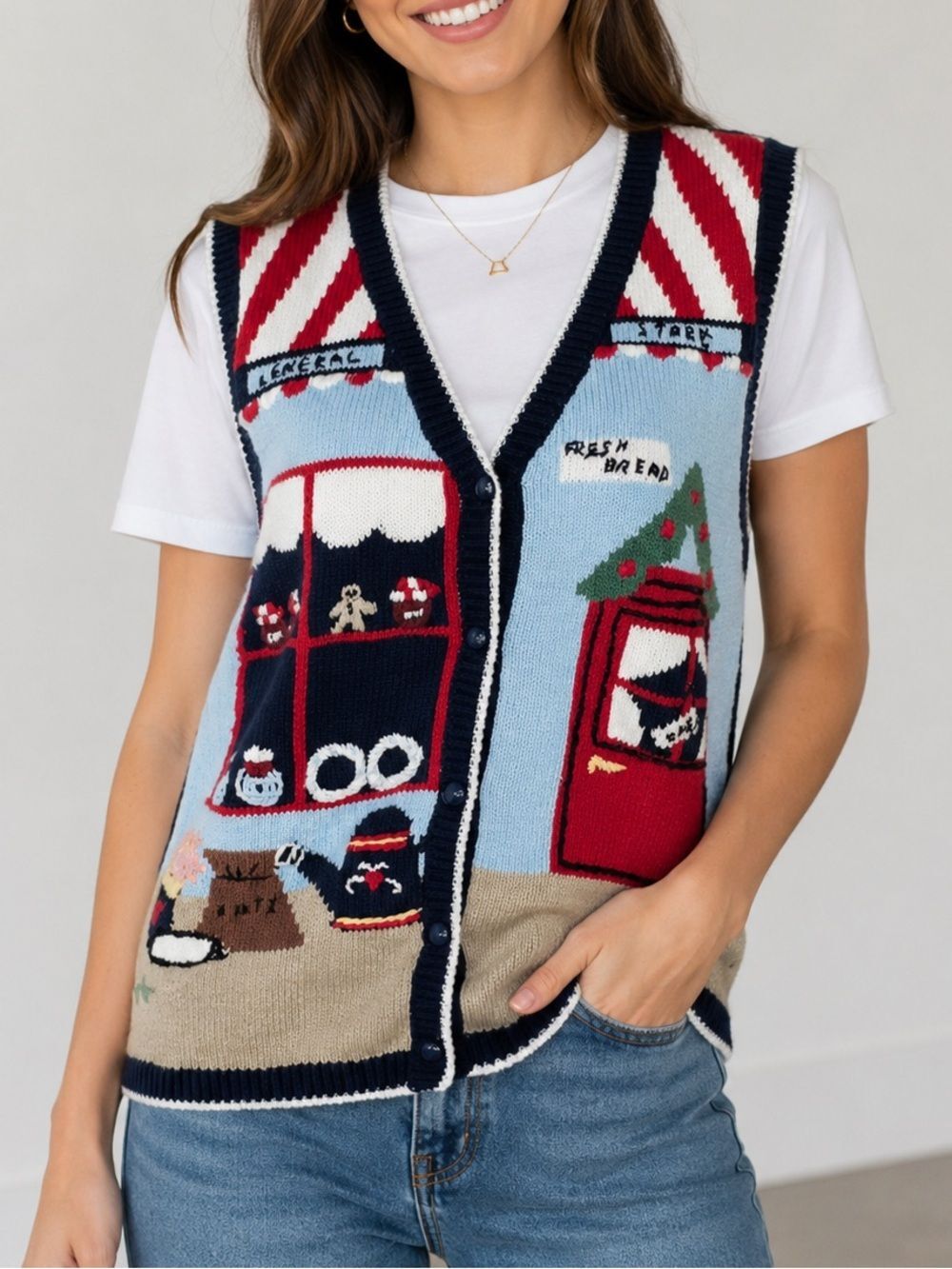 New Look Women’s Size M Navy Sweater Vest General Store Village Knit Christmas